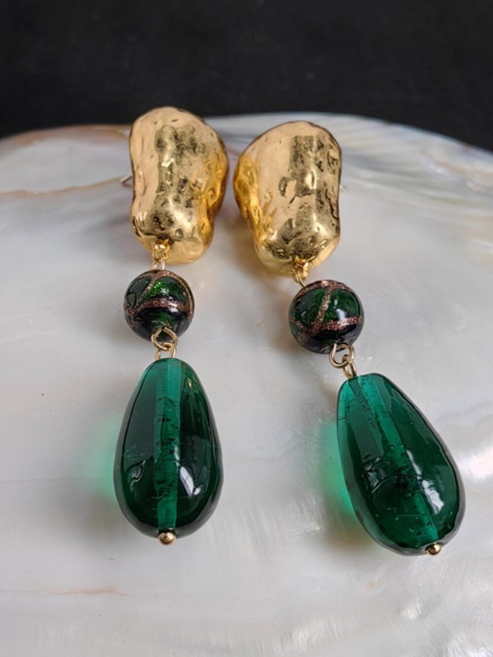 Vintage Hammered Gold-Tone & Green Art Glass Drop Earrings